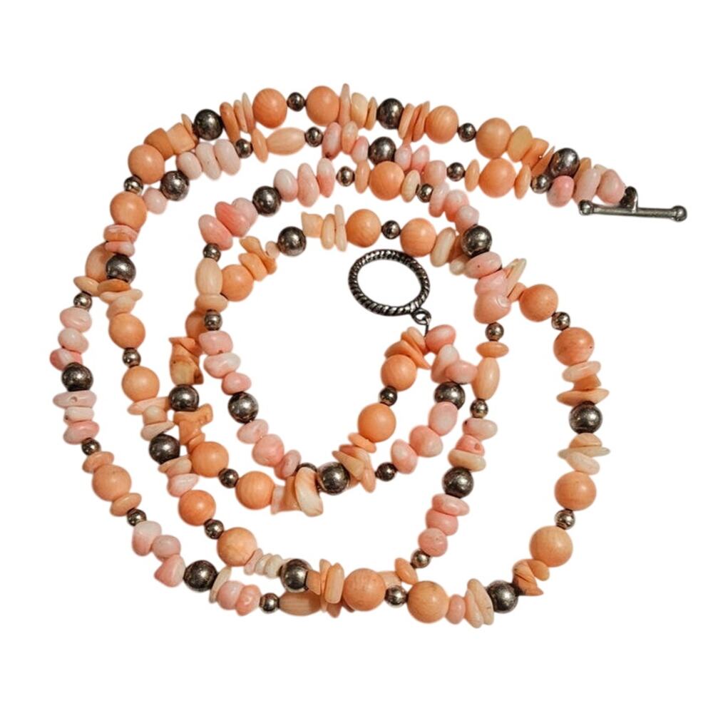 Vintage Angel Skin Coral Double Strand Necklace with Silver Plated Beads